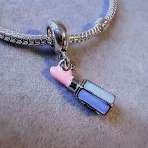 Lipstick Charm Bead Dangle‎ Pink Blue Enamel Crystal Silver Tone Bracelet
